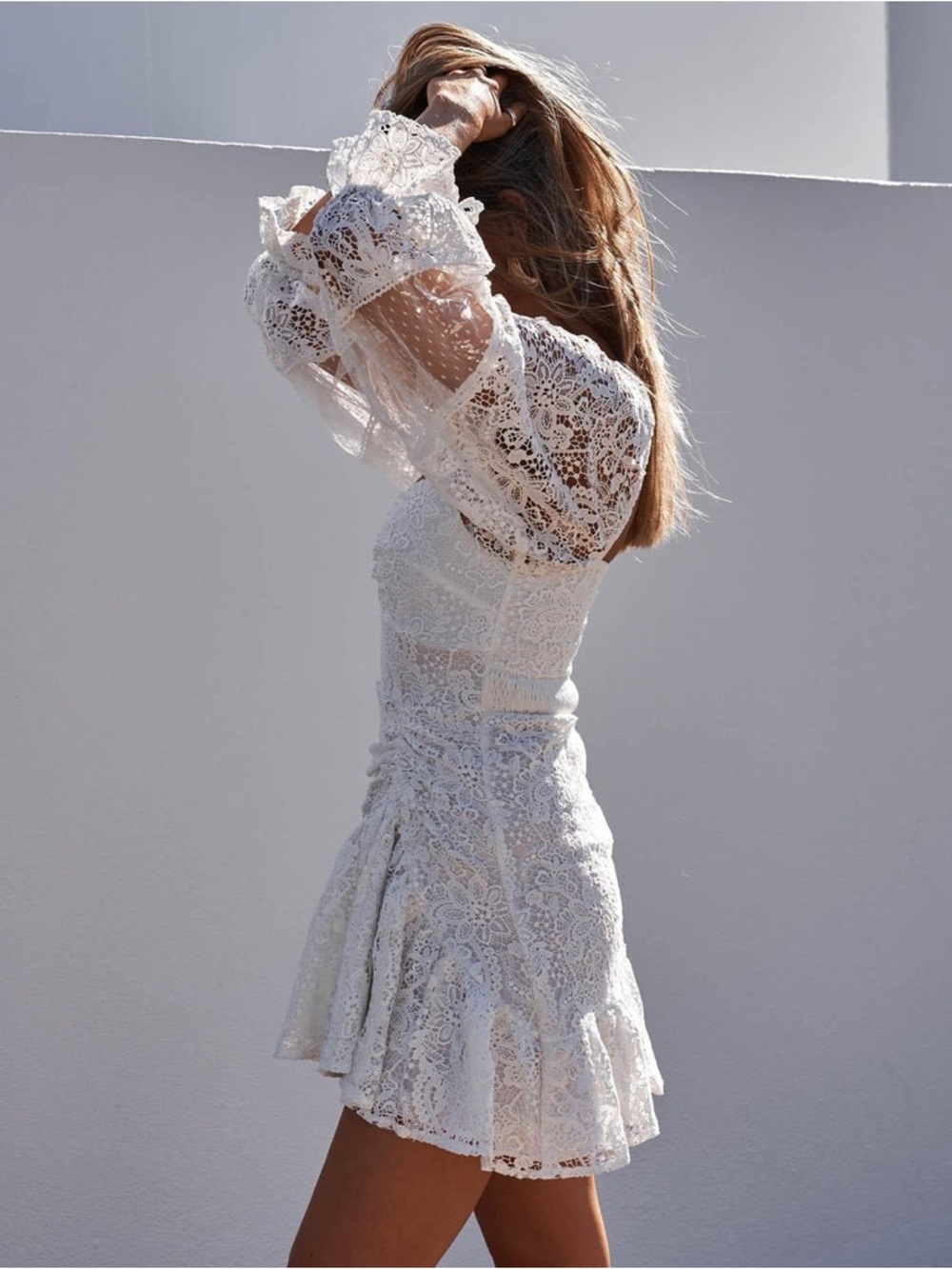 Jaus White Lace Mini Dress with Puff Sleeves - Picture 5 of 10